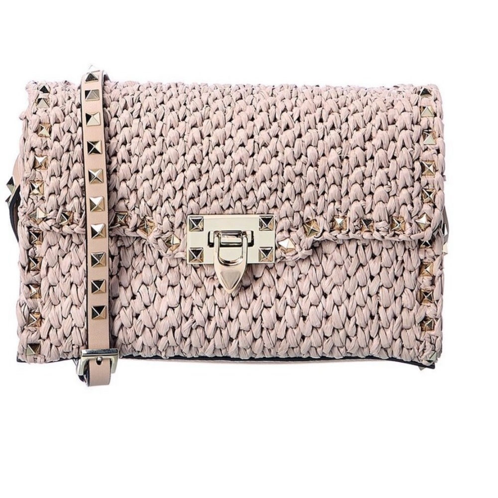 Valentino Rockstud Small Raffia & Leather Crossbody bag in POUDRE